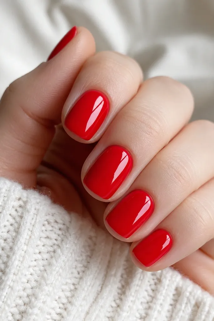 Four short soft-squoval nails painted a glossy cherry red, evenly opaque, with crisp cuticles and a mirror shine under bright light.