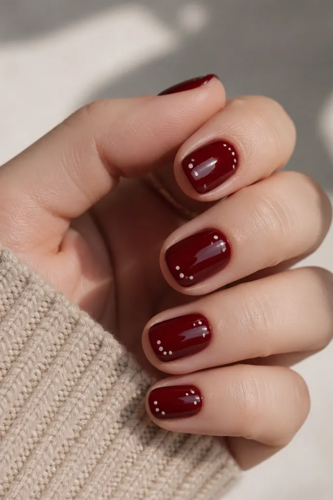 Deep cherry red short nails with 2-3 tiny white micro dots placed near the side of each nail, spaced like confetti.