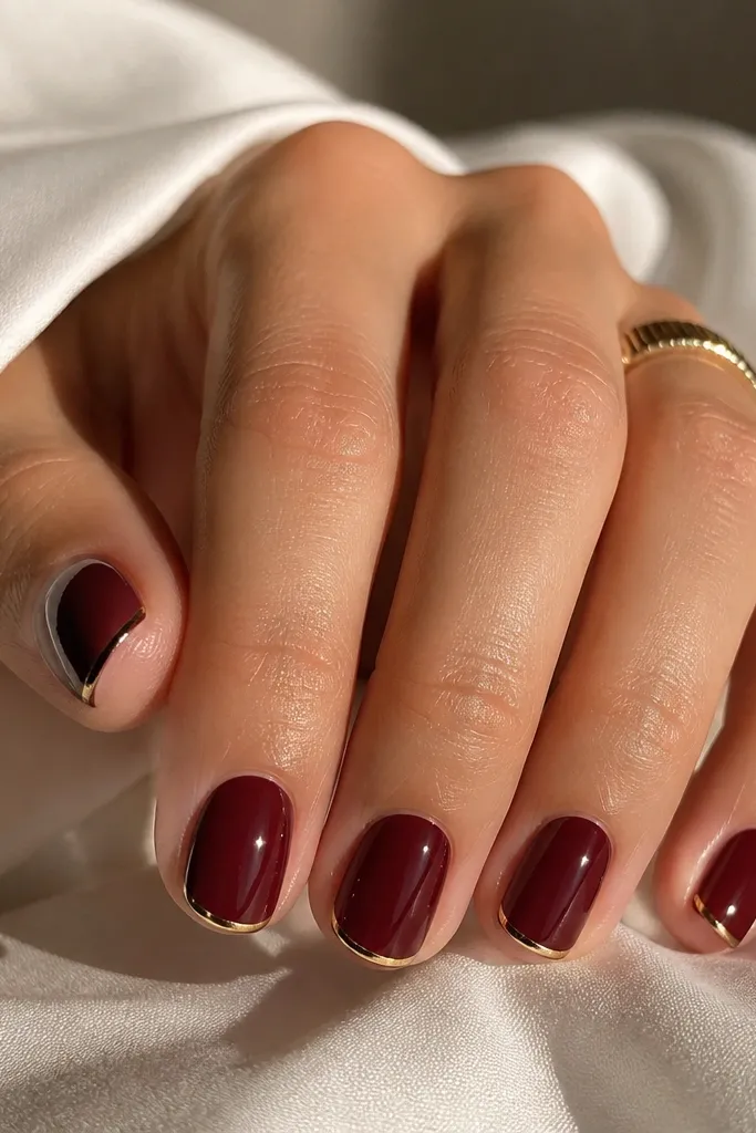 Short soft-squoval nails painted deep wine-red with a single thin gold strip running along the very tip edge.