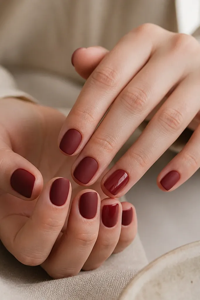 Short nails in matte deep cherry red, with one nail per hand having a glossy topcoat and a smooth shine contrast.