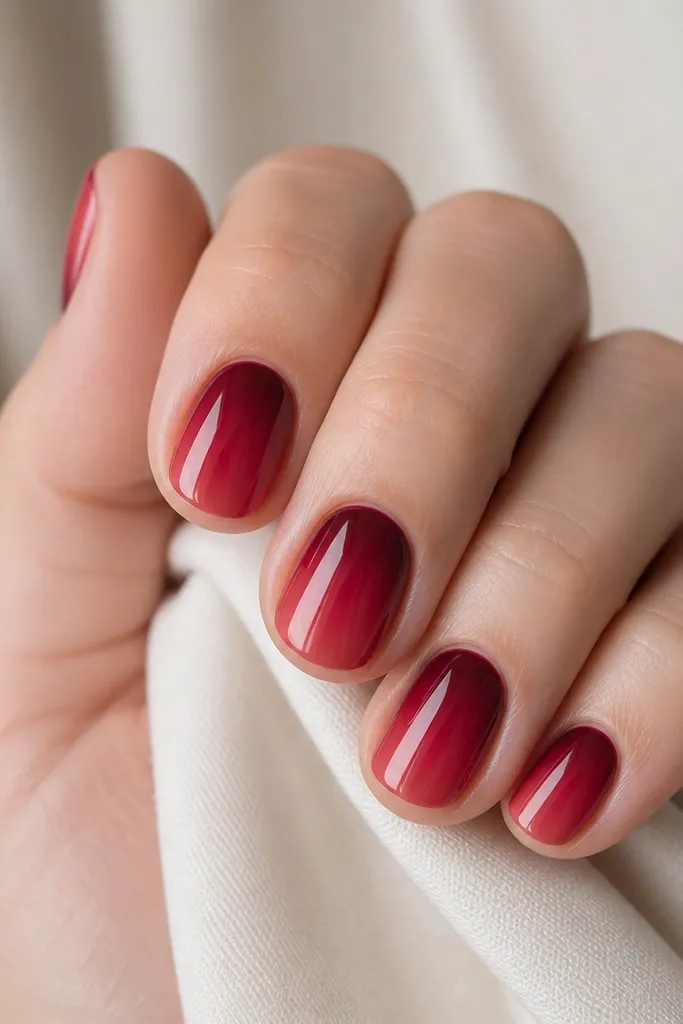 Short nails showing a fade from darker crimson near the cuticle to slightly lighter red at the tip, with a smooth blend.