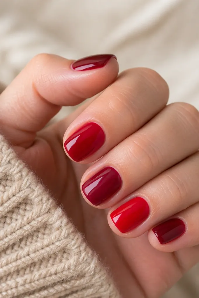 Short nails in deep red, alternating with one nail in bright glossy red and another in darker maroon, all with a smooth high-shine finish.