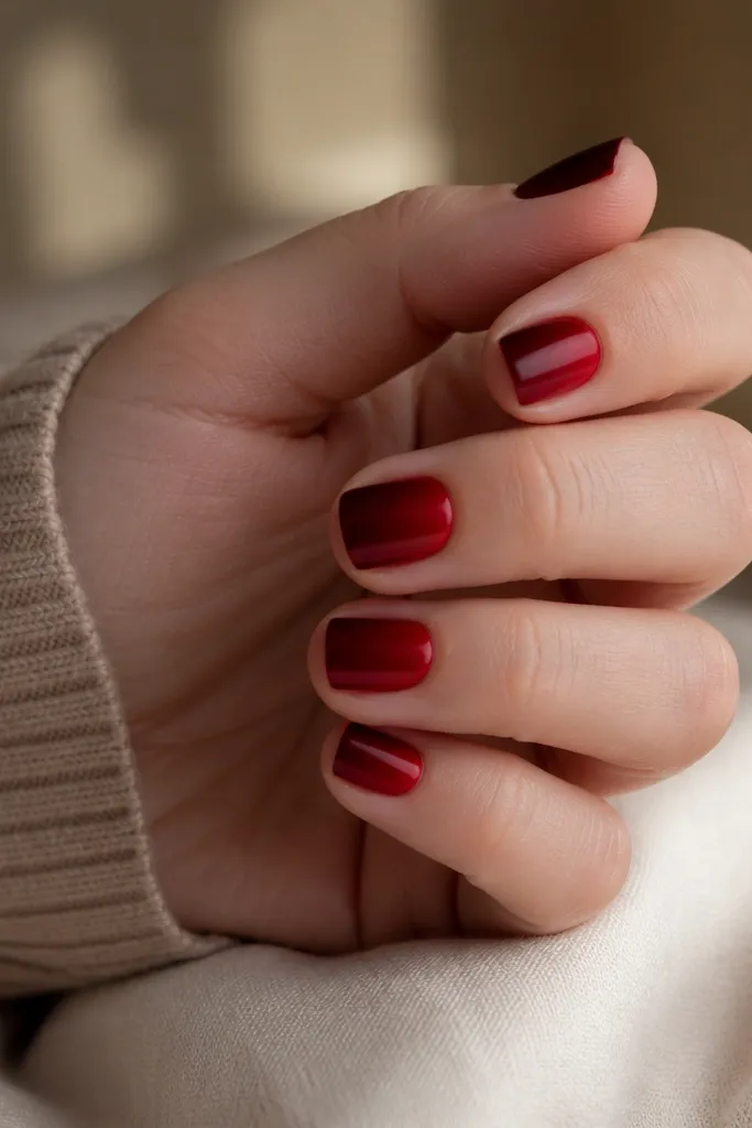 Short nails with deep red base and a lighter red fade concentrated on one sidewall, leaving the other side darker.