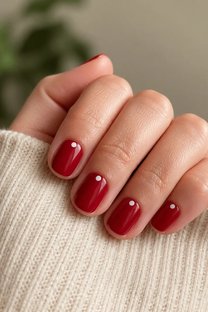 Short nails in glossy deep red with a single tiny white dot right at the cuticle center on each nail.