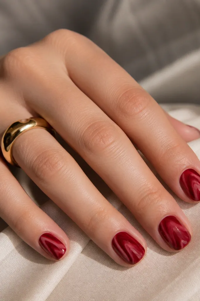 Short nails with deep red base and soft marbled swipes in darker and lighter reds, blended like brush-streaks.