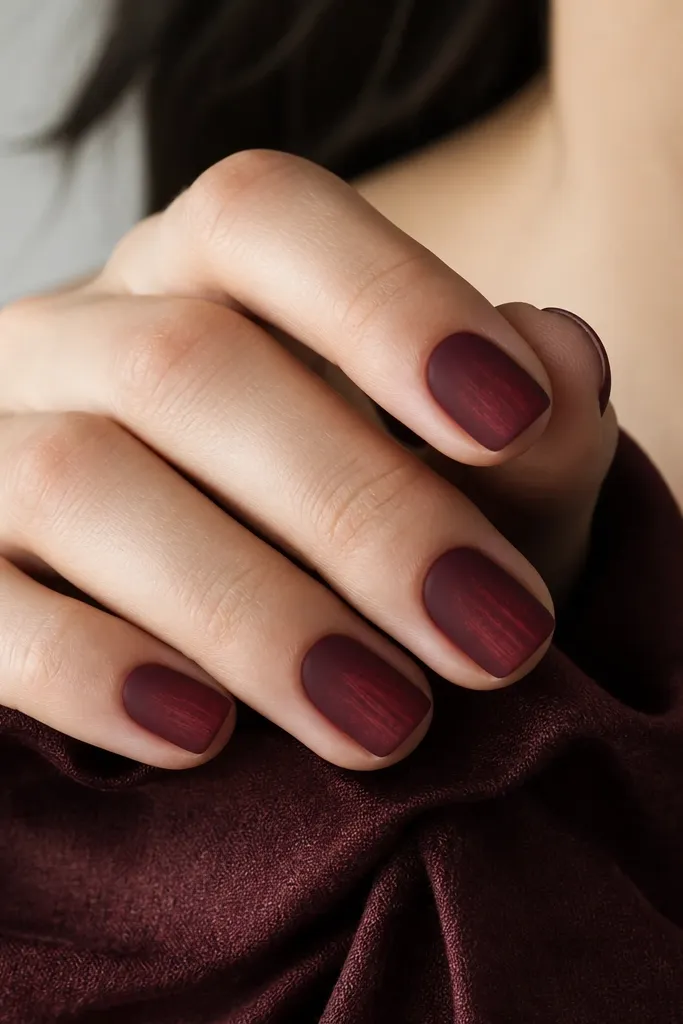 Short oxblood nails with a matte velvet look and faint lighter red dry-brushed streaks near the tips.