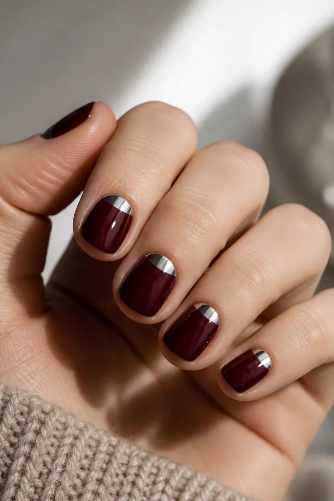 Short nails in deep red with a small chrome silver half-moon near the cuticle that reflects light like a tiny mirror.