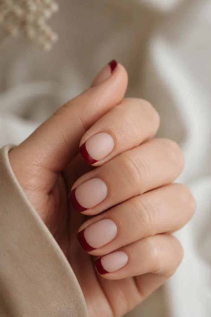 Short nails with a nude base and deep red French tips, finished with a soft matte velvet texture on the red tips.