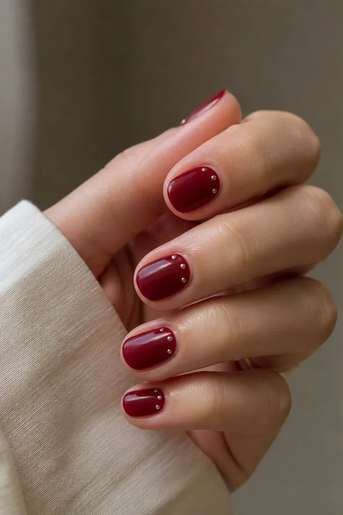 Short deep red nails with one or two tiny metallic studs near the sidewall, evenly spaced and glossy.