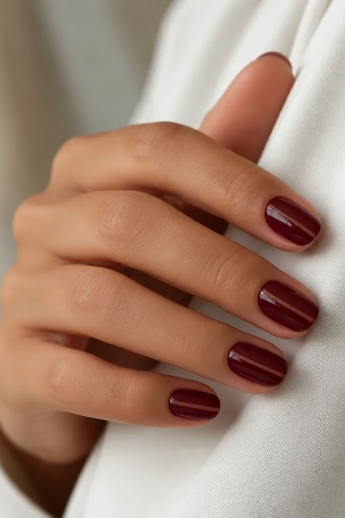 Short glossy wine-red nails with a thin vertical negative-space stripe running from near the cuticle toward the tip.