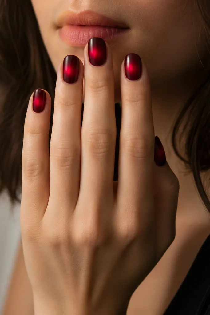 Short nails with a bright red aura around the center near the cuticle, fading outward into darker deep red, glossy finish.