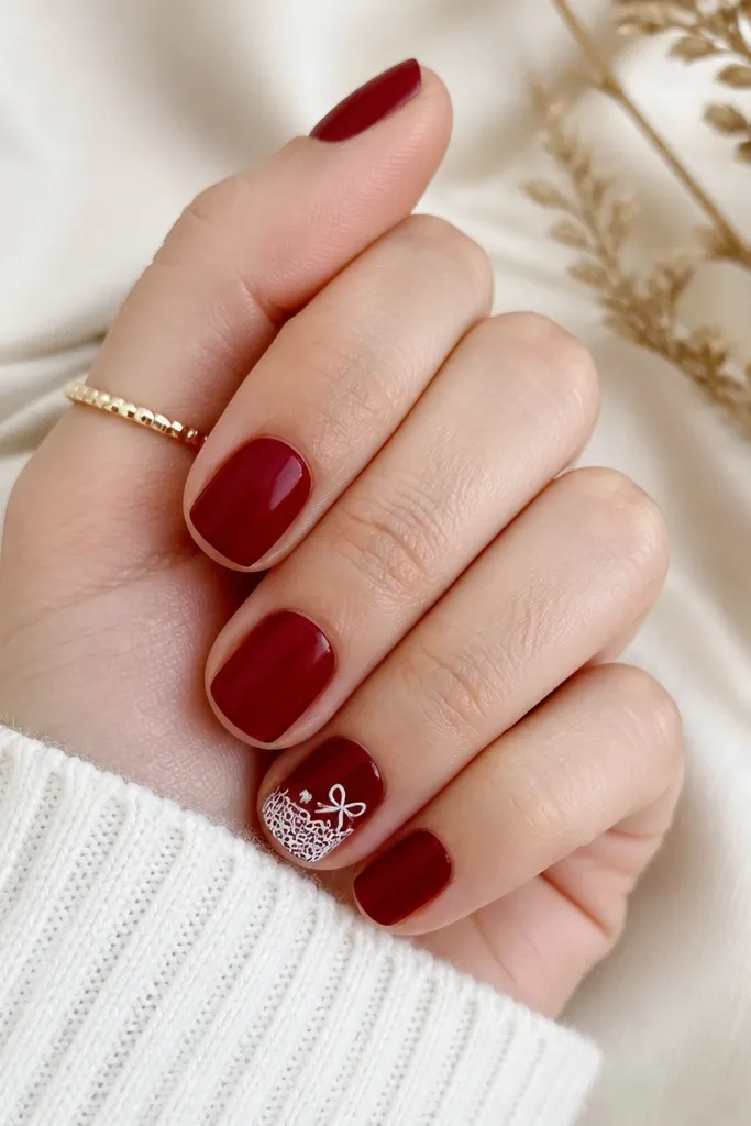 Short deep red nails with one accent nail showing a tiny white lace pattern and a small bow shape near the tip area.