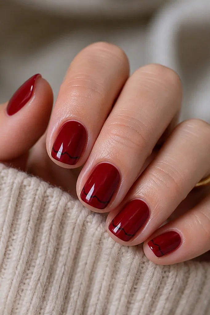 Short nails painted deep red with a single thin black swirl line outlined near the tip, crisp and glossy.
