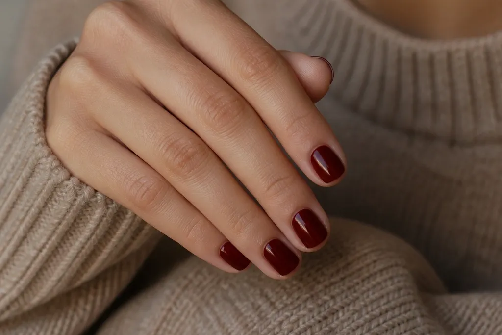 Easy deep red nails short