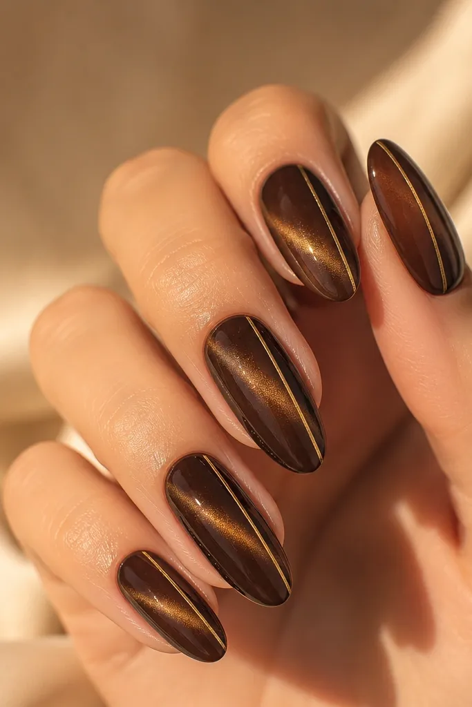 Five short square nails. Each nail has a dark espresso brown cat eye stripe running straight down the center. On the ring finger, there is a thin gold line from cuticle to tip, aligned with the cat eye stripe; the rest stay plain glossy brown.