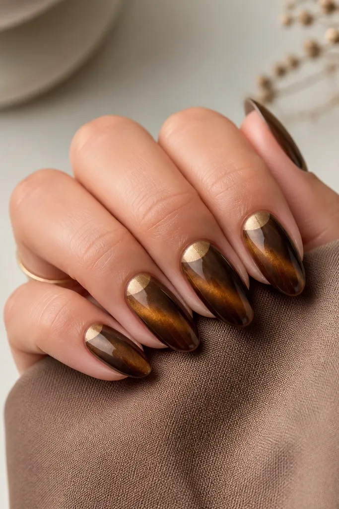 Five medium almond nails. The cat eye is caramel brown with a diagonal shimmer. The cuticle area on each nail has a soft half-moon using lighter caramel-gold polish, leaving the rest glossy and dark.