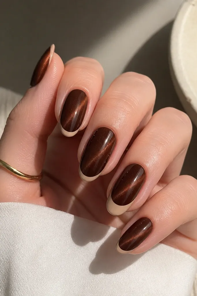 Four nails show a chocolate brown cat eye stripe angled slightly. The tips have a thin reverse French curve in warm nude-beige, leaving a clean arc near the free edge. The accent nail has the same setup with a slightly thicker nude arc.