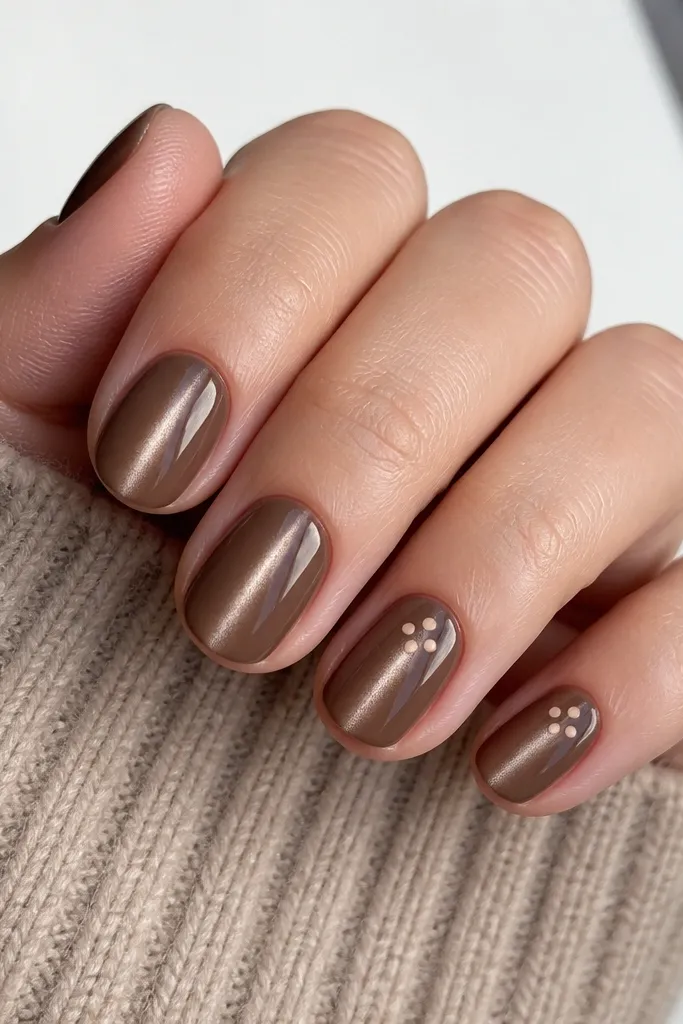 Five short oval nails. The base is warm taupe brown cat eye with a straight center stripe. On the ring finger and pinky, there are three tiny nude dots arranged like a small triangle near the upper third.