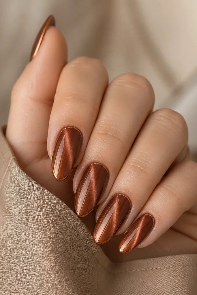 Medium almond nails with a terracotta-brown cat eye stripe angled from cuticle to tip. Each nail has a thin copper outline along the outer edge, like a border, visible against the brown shimmer.