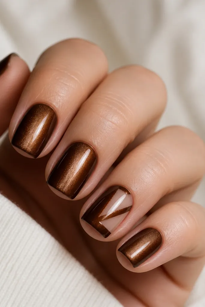 Five medium square nails. Mocha brown cat eye stripe is centered. On the ring finger, there's a crisp negative space V shape on one side, outlined by the brown polish leaving skin visible inside the V.