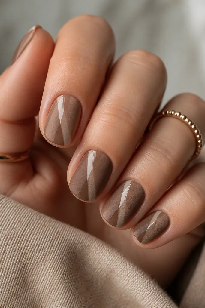 Five short rounded nails. The cat eye base is chai latte brown with a diagonal stripe. Everything is matte except one thin glossy line running down the center on each nail.