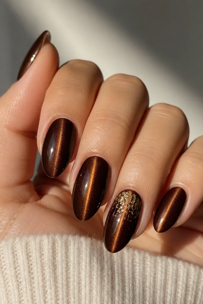 Five medium almond nails. Four nails are dark brown cat eye with a vertical stripe. The ring finger has the same base, but gold foil flecks scatter near the upper third, like tiny shards.