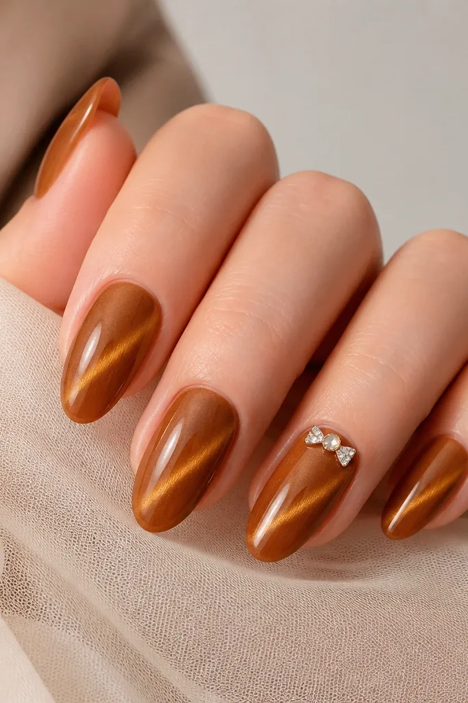 Five nails. Four nails have caramel cat eye with a diagonal stripe. The ring finger has a small bow made of two tiny rhinestones on either side, with a single center stone, sitting near the cuticle.
