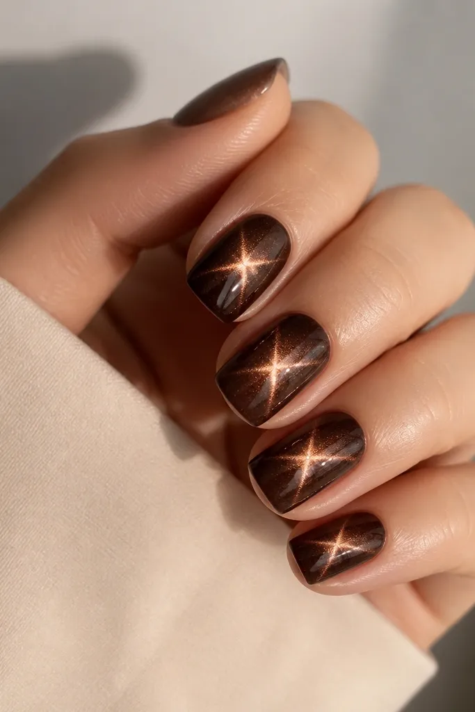 Five medium square nails. The cat eye stripe is espresso brown but it forms an X shape where the line crosses at the center. The shimmer is brighter at the crossing point.