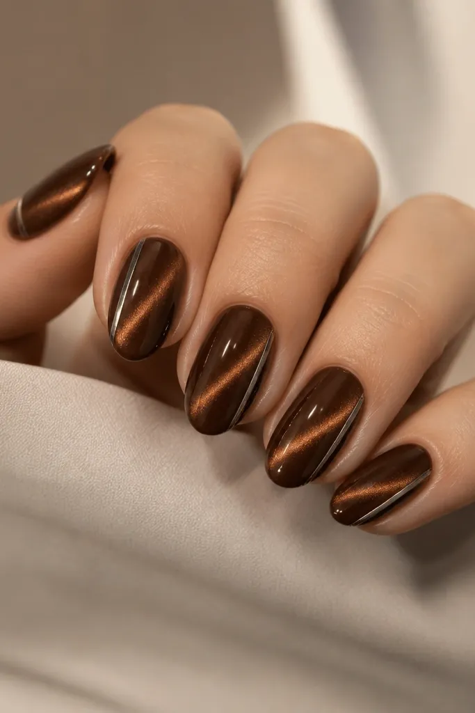 Five short almond nails. Chestnut brown cat eye stripe runs diagonally. On each nail, there is a thin silver line along one sidewall, starting just above the center and ending near the tip.