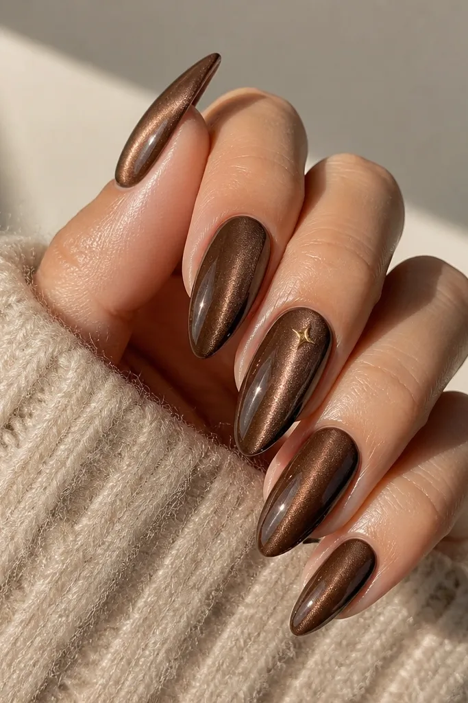 Five medium almond nails. Nutmeg brown cat eye has a strong vertical stripe. On the ring finger, at the brightest point near the upper third, there is a tiny five-point star in gold.