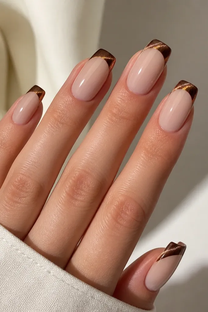 Five long squoval nails. The base is sheer nude. The top edge near the tip has a thin curved brown cat eye band that arcs across the nail, with the cat eye stripe running along the band.