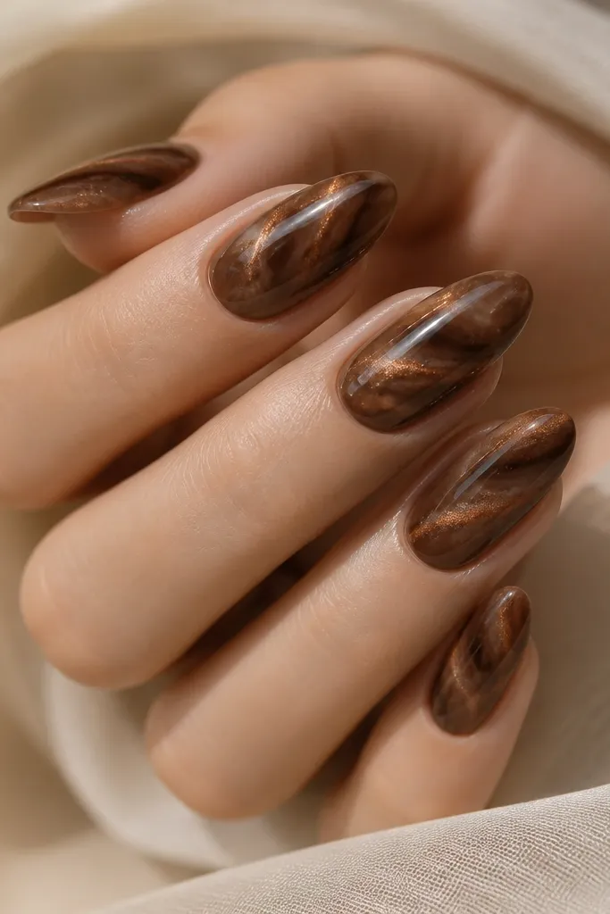 Five medium almond nails. Cocoa brown cat eye stripe runs diagonally. On each nail, there are thin milky brown marble veins that swirl around the stripe like smoke.