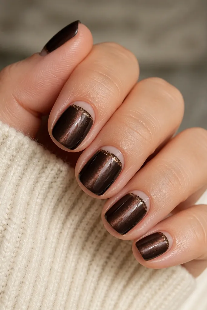 Five short square nails. Espresso brown cat eye stripe runs vertically. The cuticle has a reverse arc of fine brown-gold glitter, leaving a clean gap around the skin line.