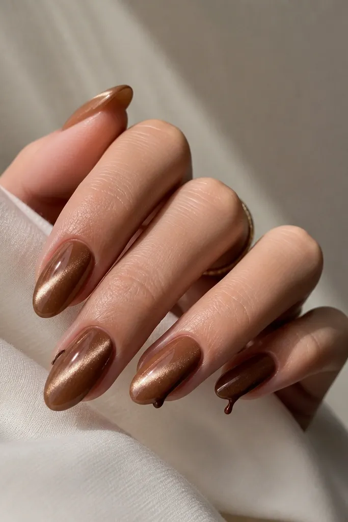 Five medium almond nails. Caramel cat eye stripe runs diagonally. On the ring and middle fingers, a small chocolate-brown drip hangs from the tip edge, thin and glossy.