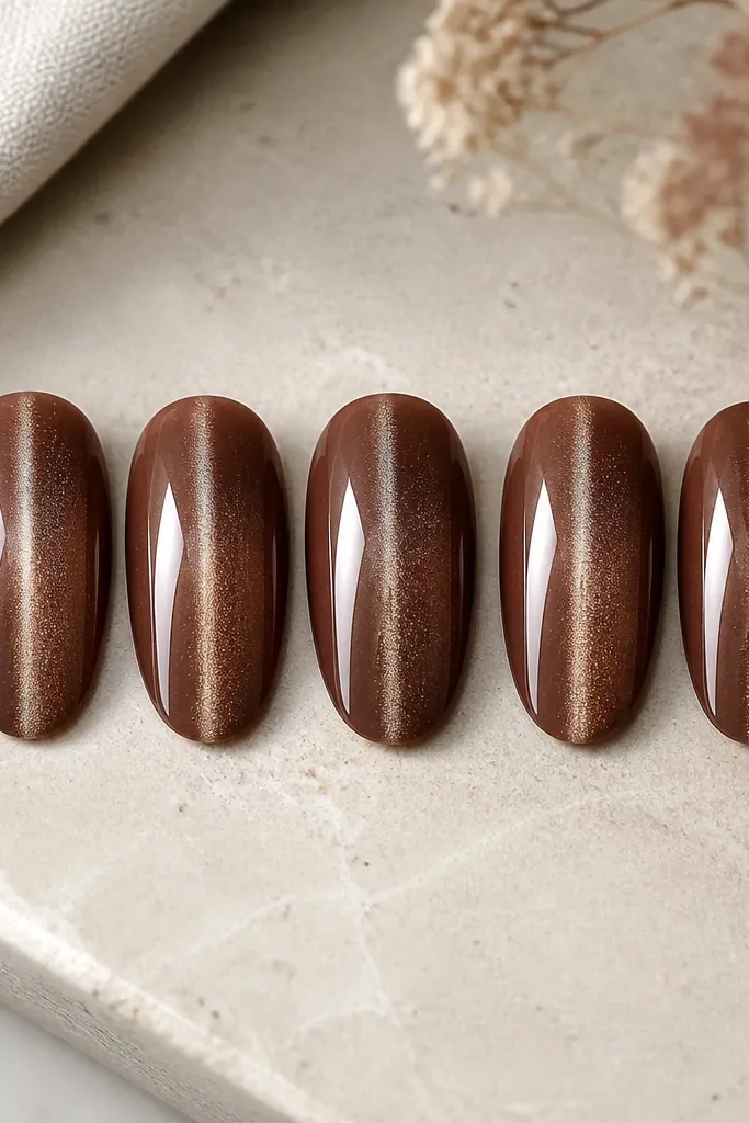 Five medium oval nails. Mocha brown cat eye stripe is visible, but the very center has a thin clear negative line from near the cuticle down to the tip, like a glass stripe.