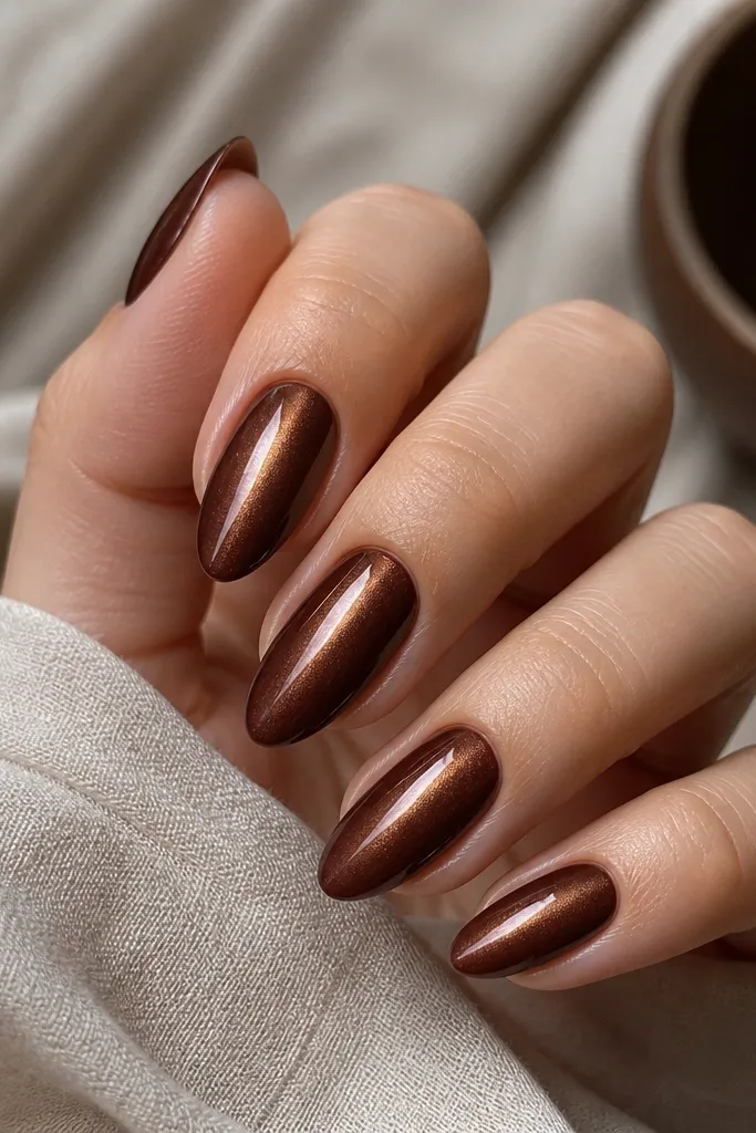 Five medium almond nails. The cat eye base is chestnut brown and mostly matte. A glossy center stripe runs straight down each nail, aligned with the cat eye highlight.