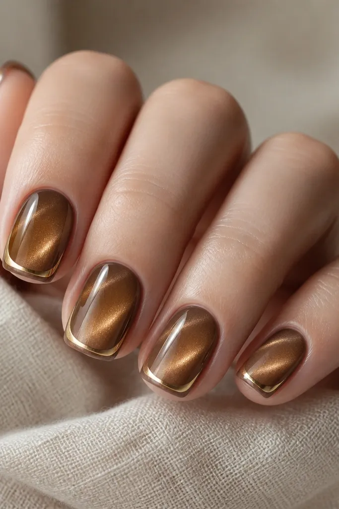 Five short squoval nails. Caramel cat eye stripe runs diagonally. On each nail, gold metallic gel forms two small curved arcs at the left and right tip corners, like a partial frame.