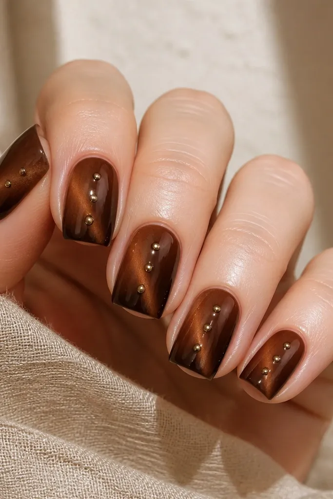 Five medium square nails. Dark brown cat eye stripe runs diagonally from cuticle to tip. On each nail, there are three tiny flat-back studs set along the diagonal line, spaced evenly.