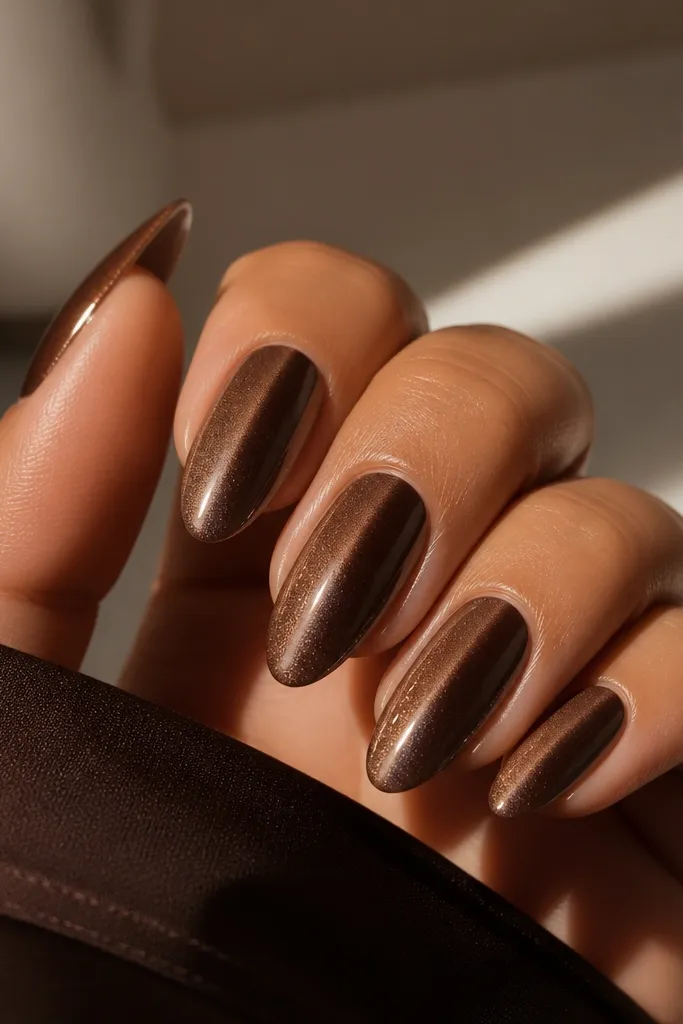 Five long almond nails. Chocolate brown cat eye stripe is vertical. The left side has a lighter shimmer gradient that fades toward the center, creating a soft glow from one side.