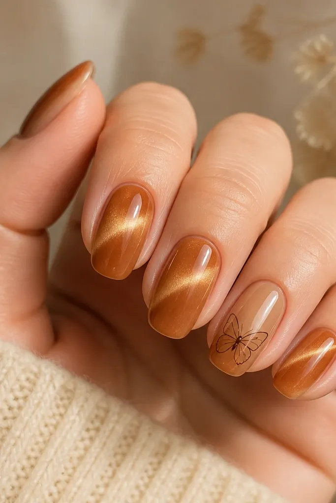 Five medium oval nails. Four nails have caramel cat eye diagonal stripe. The accent nail has a thin butterfly outline in darker brown near the tip, with small wing lines and a tiny body dot.