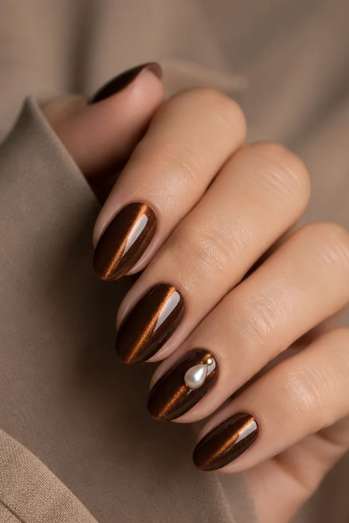 Five short almond nails. Espresso brown cat eye stripe runs vertically. On the ring finger, a single pearl-like teardrop gem sits at the brightest point near the upper third, with a tiny gold dot beside it.