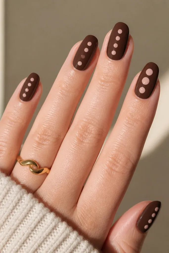 Five nails in warm chocolate brown. Each nail has three evenly spaced blush pink dots clustered down the center: one near the cuticle, one mid-nail, one near the tip. The accent nail has slightly larger dots but the same cluster.