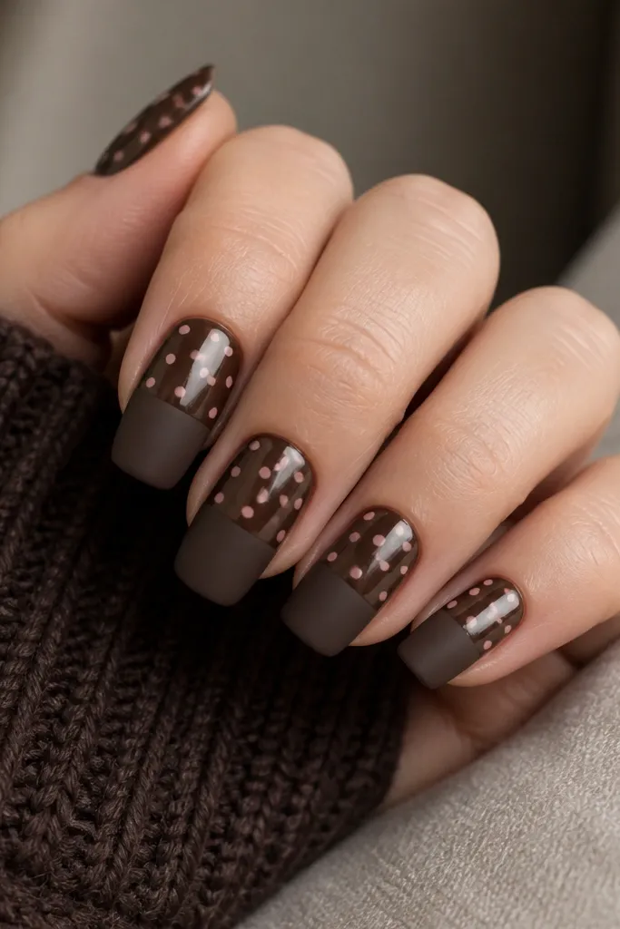 The bottom half of each nail is matte chocolate brown. The top half is glossy chocolate brown. Blush pink polka dots sit across the glossy top half only, with a few dots partially overlapping the matte line.