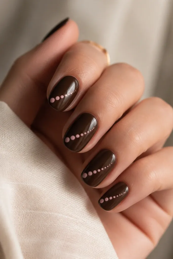 Chocolate brown nails with a line of blush pink dots that start larger near the cuticle and get smaller toward the tip. The dots are in a gentle diagonal arc from left to right on each nail.