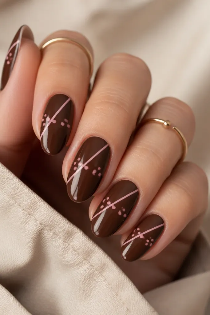 Each nail has a chocolate brown base. A thin diagonal stripe runs from lower left to upper right in glossy blush pink. Small pink dots form a cross pattern at the stripe intersection, and the rest of the nail has one or two extra dots near the side.