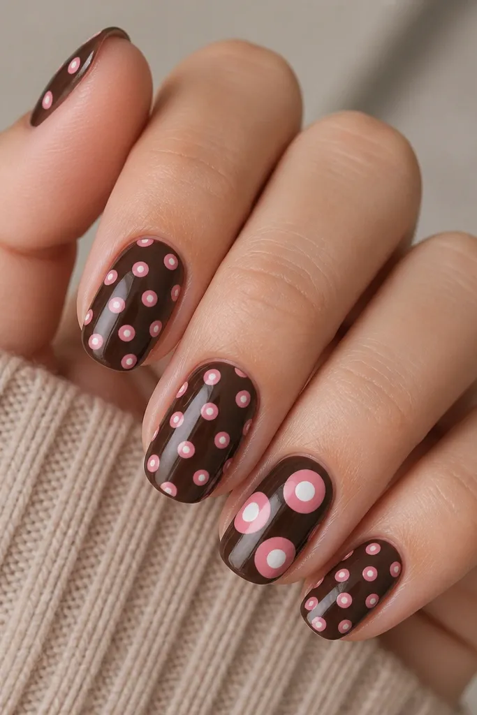 Chocolate brown nails with medium blush pink polka dots. Each pink dot has a smaller white dot at its center, like a bullseye. The accent nail has fewer dots but larger ones.