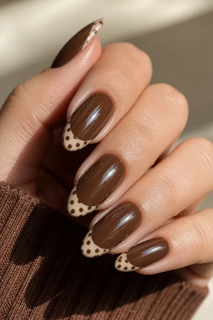Chocolate brown nails with a thin blush pink French tip line. Above the tip line are small blush polka dots concentrated at the very edge, like a dotted cap. The rest of the nail is plain brown.