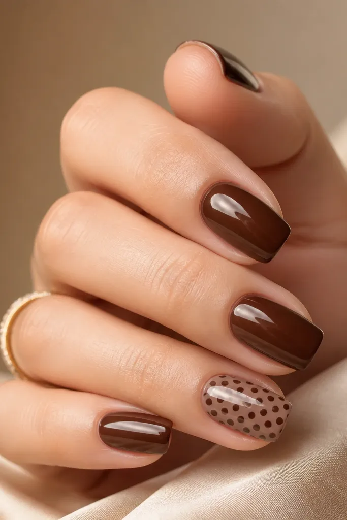 Four nails are solid chocolate brown with three blush pink dots in a vertical row. One nail is covered in scattered blush pink polka dots of two sizes across the entire surface, all sealed under glossy top coat.