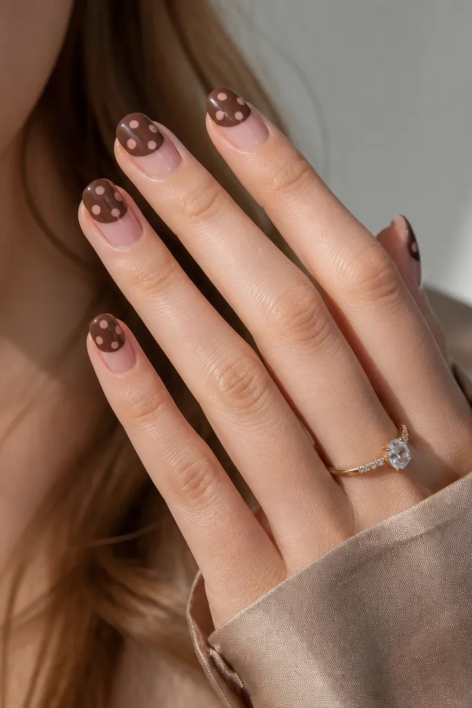 Nails have a sheer blush-pink layer on the lower half and chocolate brown on the upper half. Polka dots appear only on the chocolate brown top half, in blush pink that matches the sheer tone.