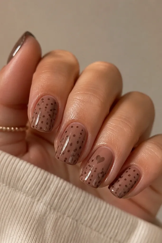All nails are chocolate brown with small blush pink polka dots in a loose grid. The ring finger has one extra detail: a tiny white heart placed near the cuticle above a cluster of three dots.